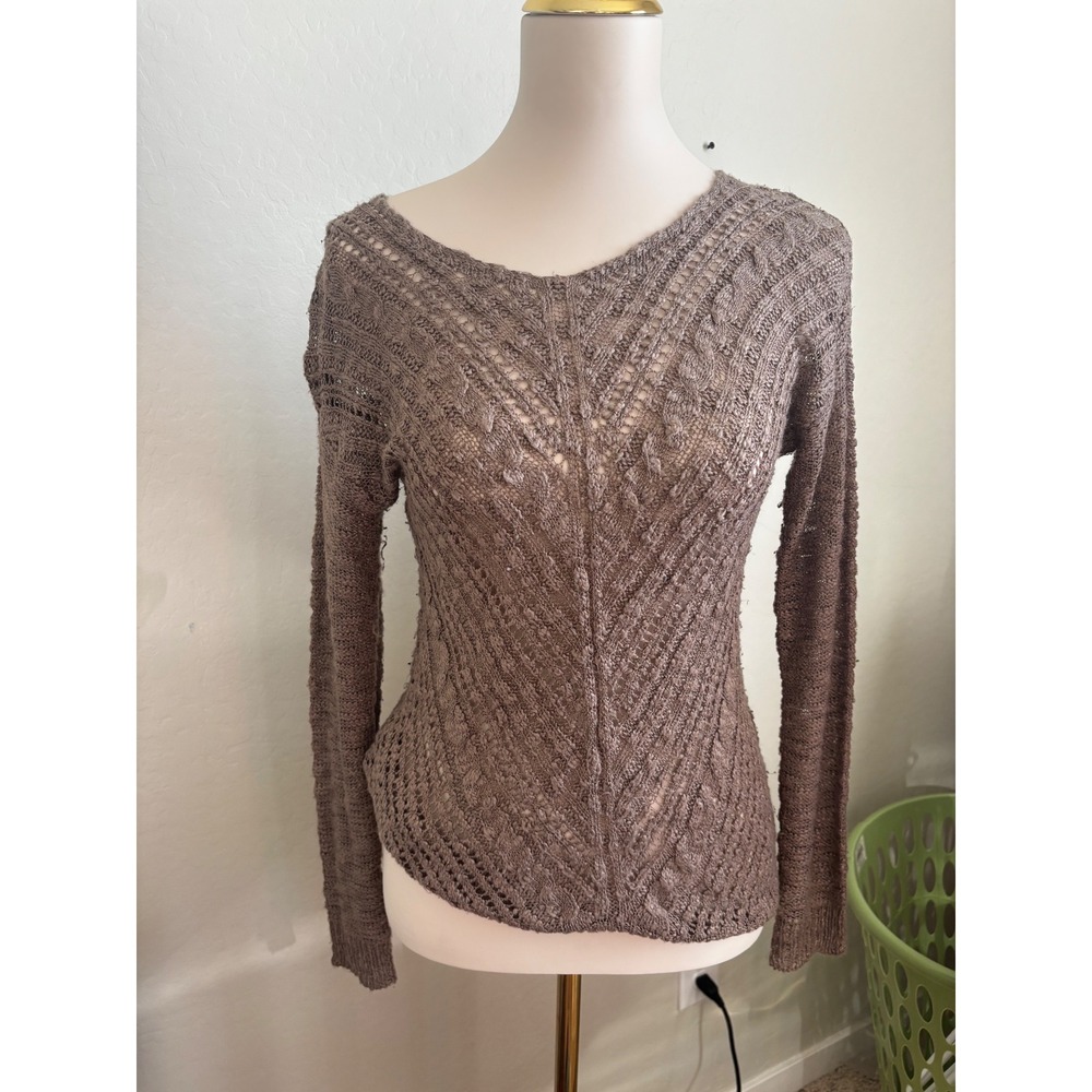 Cloud Chaser Women Taupe‎ Brown Open Pointelle Cable Knit V-Neck Sweater Small